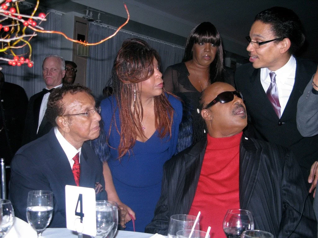 Leon Lee Dorsey with Radio Legend Hal Jackson, vocal legend Valerie Simpson, and music icon Stevie Wonder