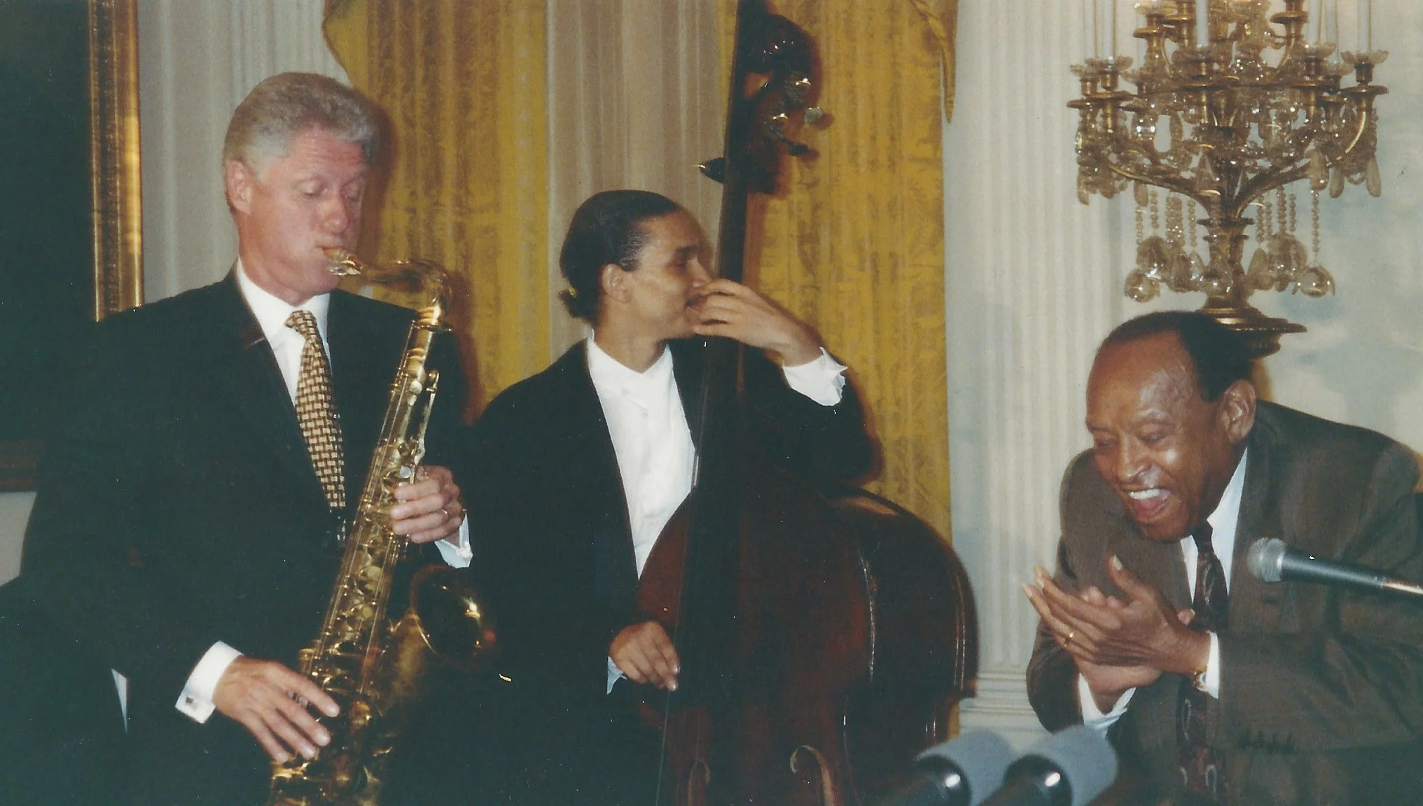 President Bill Clinton, Jazz Legend Lionel Hampton, and bassist Leon Lee Dorsey at the White House