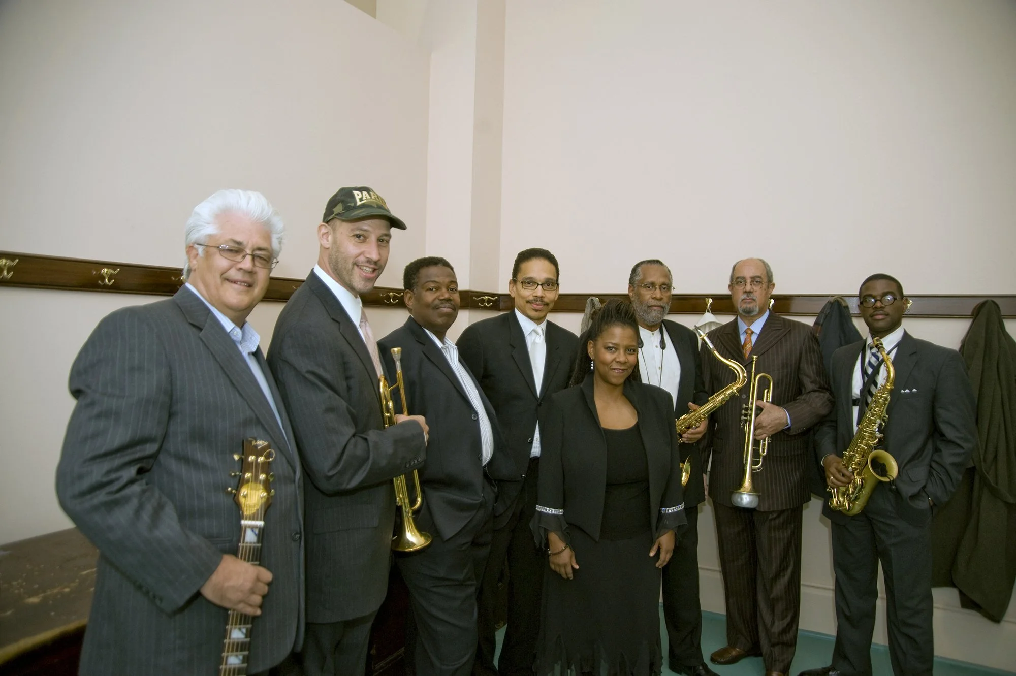 From left: Larry Coryell, Mike Mossman, “Ndugu” Chancler, Leon Lee Dorsey, Patrice Rushen, Benny Maupin, Cecil Bridgewater and Antonio Hart