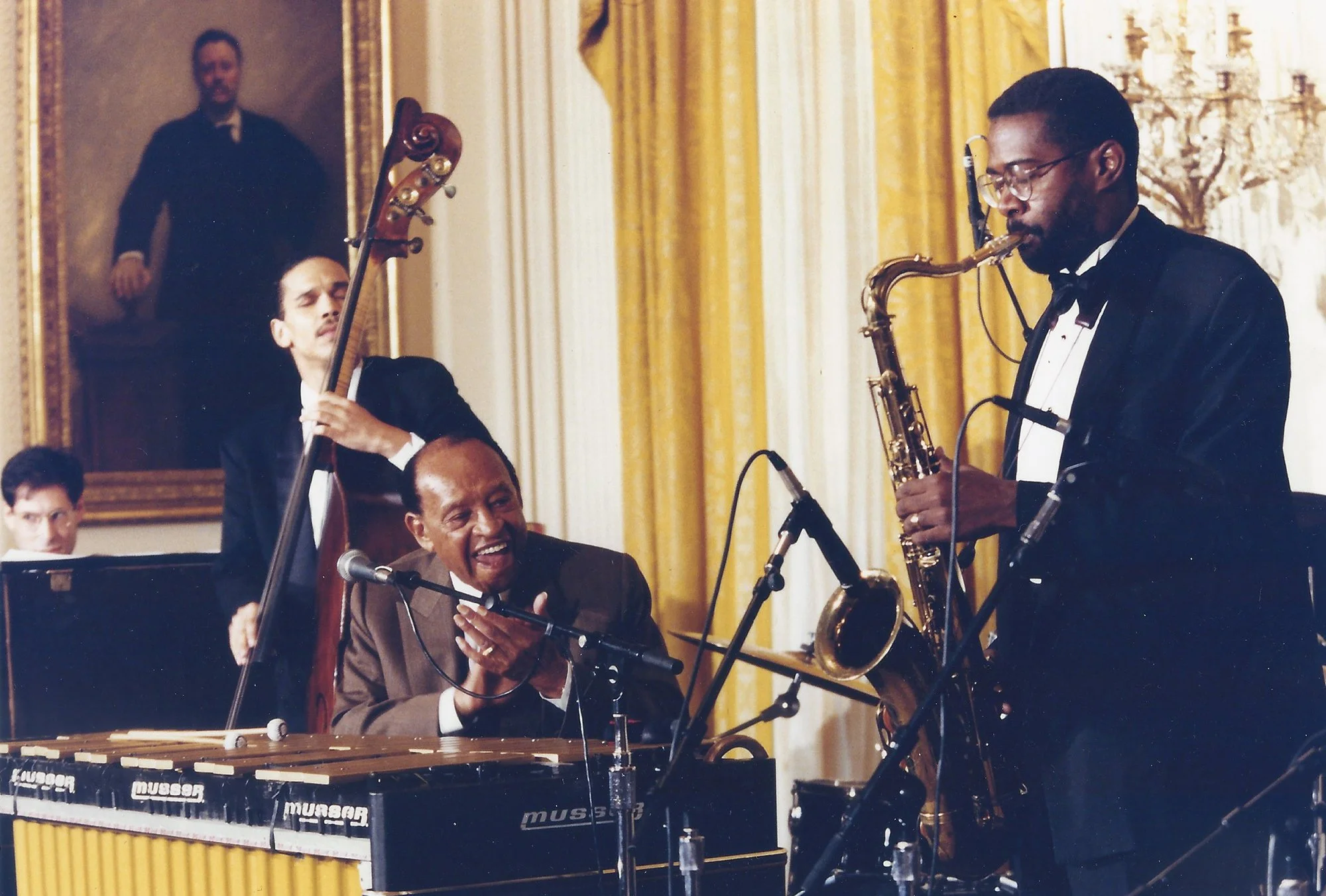 Bassist Leon Lee Dorsey with Jazz Legend Lionel Hampton at the White House. Lance Bryant on tenor sax and Ray Gallon on piano.